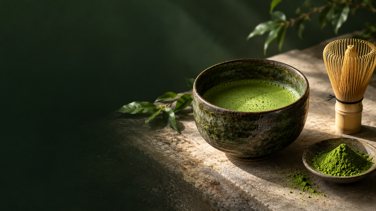 AI-generated matcha still life with a ceramic tea bowl, bamboo whisk and matcha powder